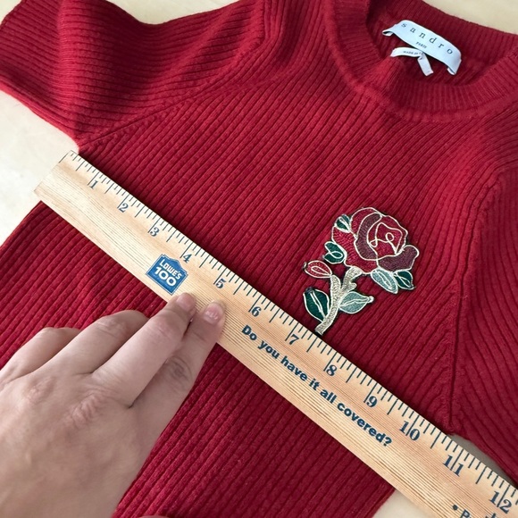 Sandro Red Patty Ribbed Sweater with Rose Embellishment - Small - Picture 9 of 11